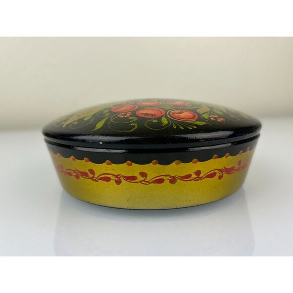 Russian Black Lacquer Round Powder Trinket Box Gold Hand Painted Vanity VTG READ - Picture 5 of 16